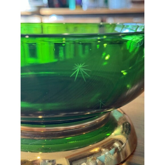 Paden City MCM Atomic Emerald Glo Green 9.25" Serving Bowl With Brass Base - Picture 6 of 14